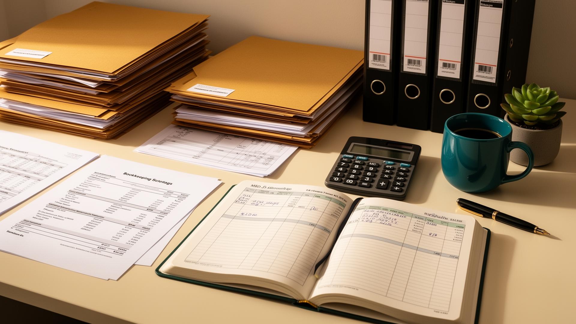 Organized bookkeeping workspace: labeled folders, binders, printed financial statements, an open ledger, and a calculator arranged on a warm ivory desk.